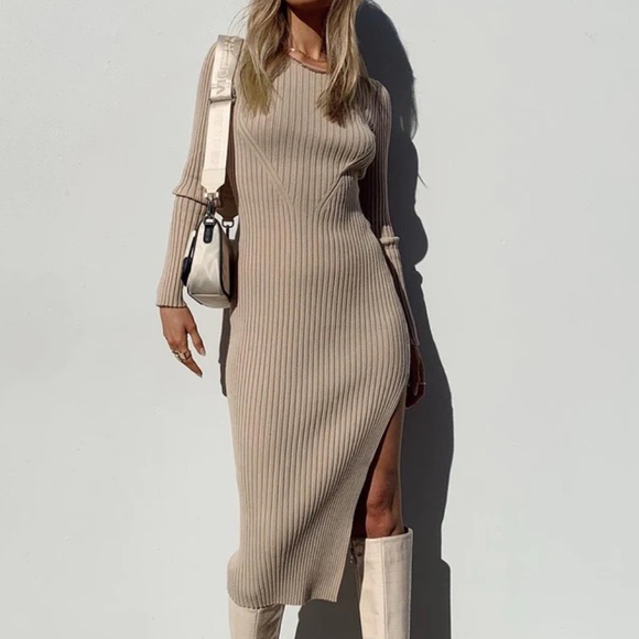 Princess Polly Beige Sweater Dress with slit on side - Picture 1 of 3